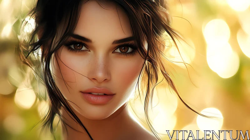 Close-up digital portrait of woman against golden bokeh light