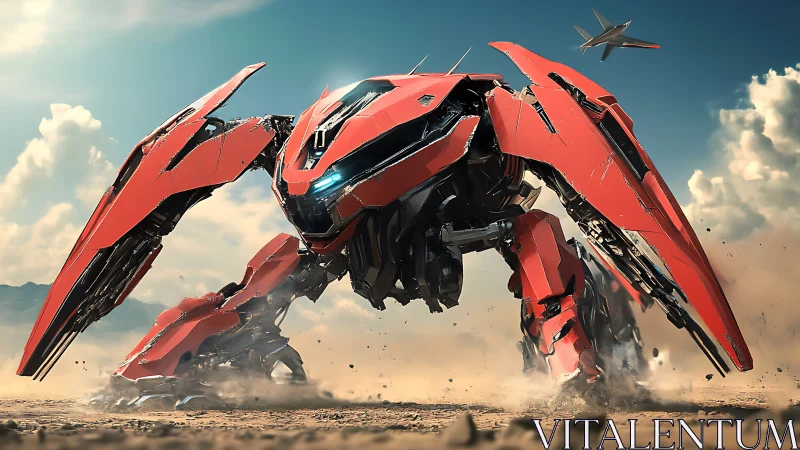 Angular red combat mech advances across arid battlefield