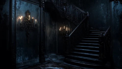 Dimly lit gothic staircase in dark interior hall.