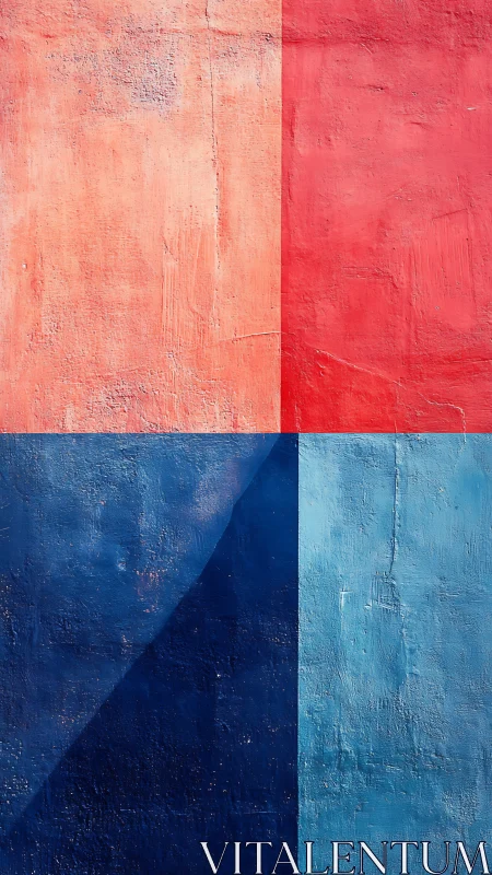 Textured red and blue quadrants on painted wall.