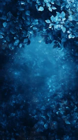 Deep blue leafy frame with glowing misty background.