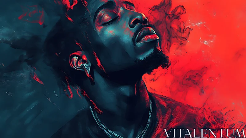 Moody portrait of man in red and teal digital smoke art