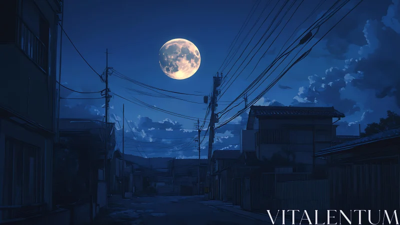 Lunar-illuminated Japanese street with overhead utility cabling.