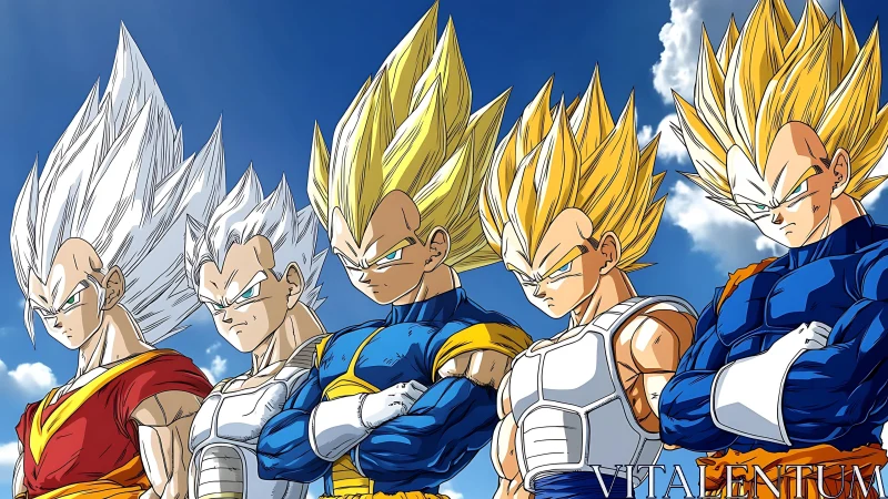 Evolving golden warrior forms aligned under vivid skies.