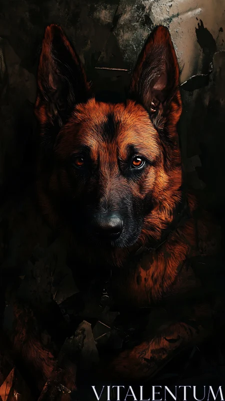 Majestic German Shepherd emerges from shadowed darkness