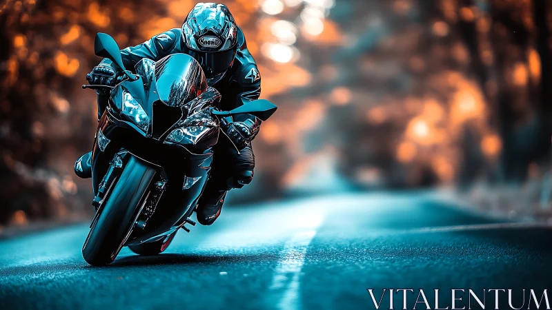 Midnight superbike carves neon curves through ember forest.