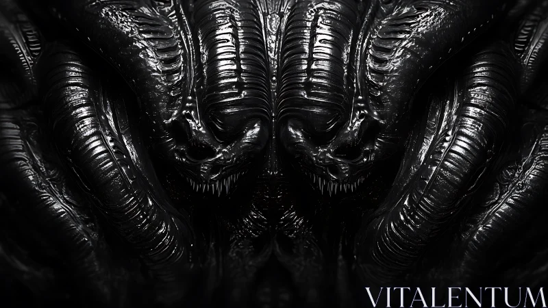 Dark biomechanical demon heads with coiled tendrils glare