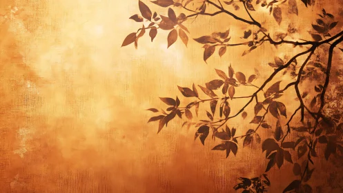 Sepia foliage silhouette on textured golden ground painting.