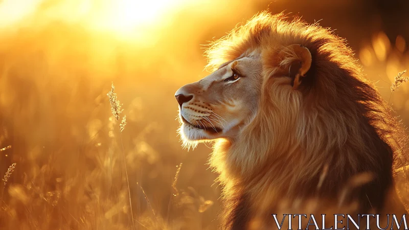 Backlit male lion profile in high-intensity golden bokeh field.