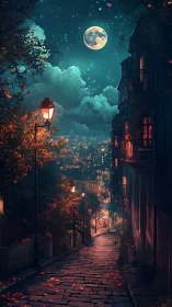 Cobblestone hillside street under full moon and city lights.