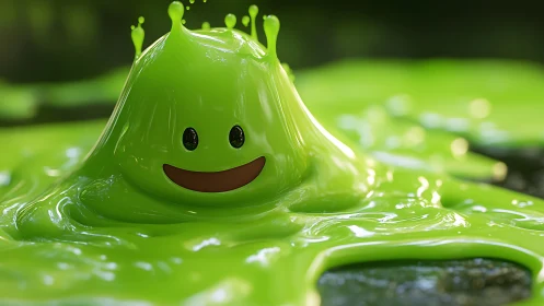 Smiling green slime blob rises from glossy liquid pool