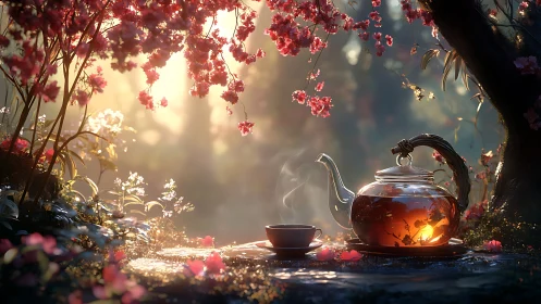 Twilight tea ritual beneath glowing cherry blossoms.
