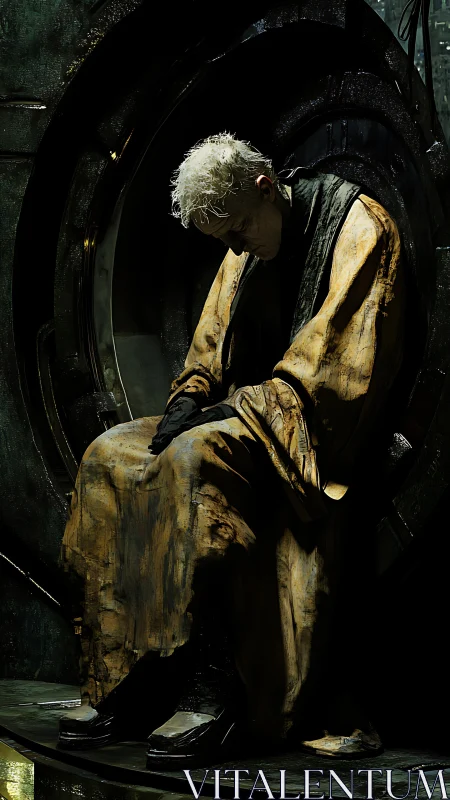 Solitary cyborg slumps in rusted pod under dim green light