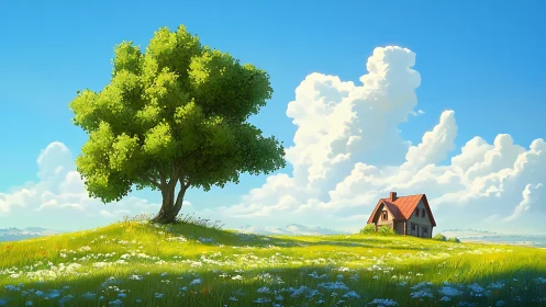 Sunlit hilltop cottage and daydreaming tree in bloom.