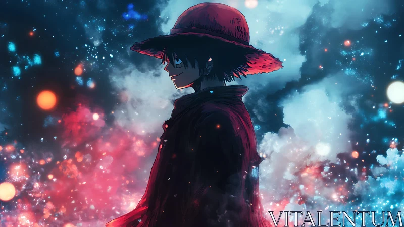 Anime boy in red hat stands in glowing cosmic clouds.