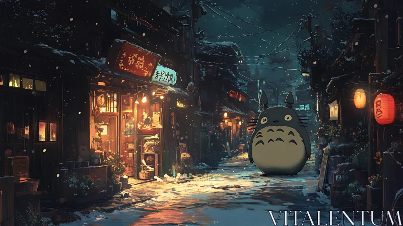 Snowy night alley with glowing shops and giant forest spirit.