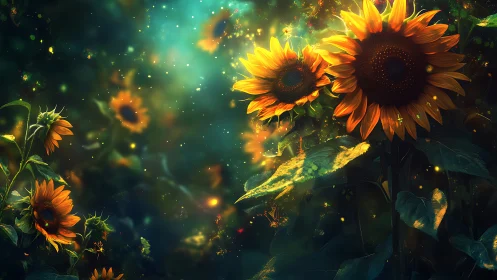 Luminous fantasy sunflowers under glowing night sky.