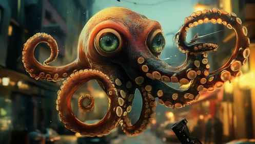Giant street octopus with glossy eyes in neon dusk scene.