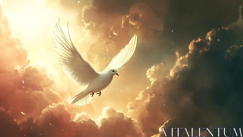 White dove soars through glowing golden storm clouds.