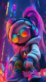 Neon street kid crouches under glowing cyberpunk skyline.