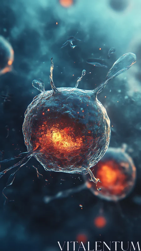 Microscopic cellular sphere with luminous core in fluid medium.