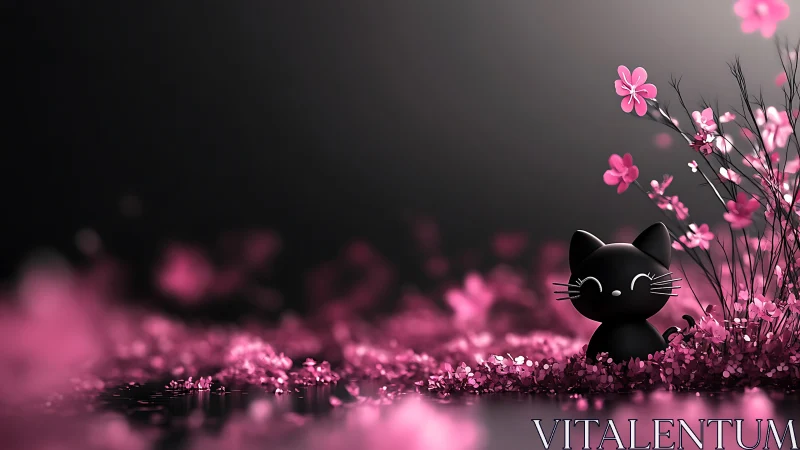 Silhouetted Feline Figure Amid Bokeh Floral Landscape with Magenta Tonality.