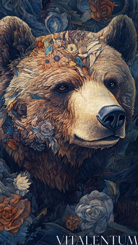 Floral-integrated bear portrait with detailed fur rendering.