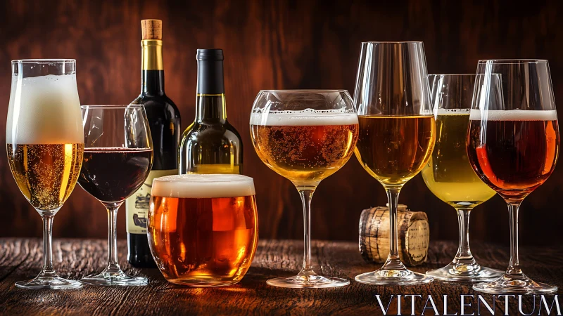 Craft beers and wines arranged on rustic wooden table.