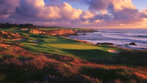 Coastal golf course green beside rocky ocean cliffs at dusk.