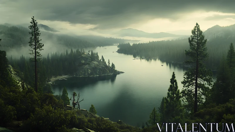 Whispering pines guard a mist-laden mountain lake at dusk.
