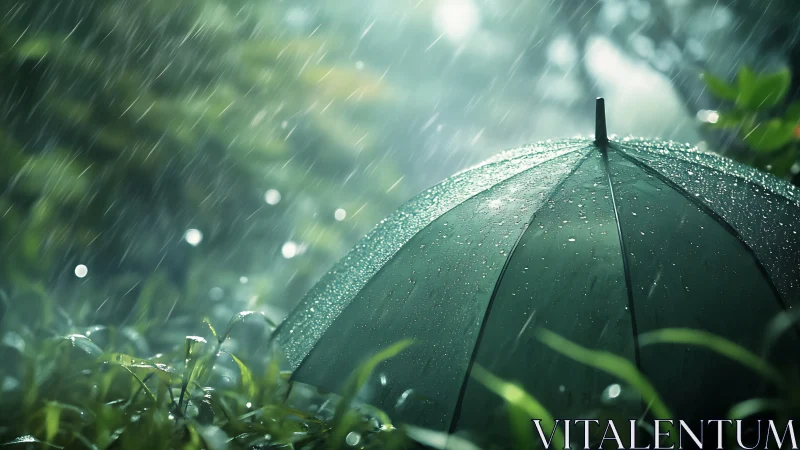 Green umbrella under steady rain in lush garden scene.