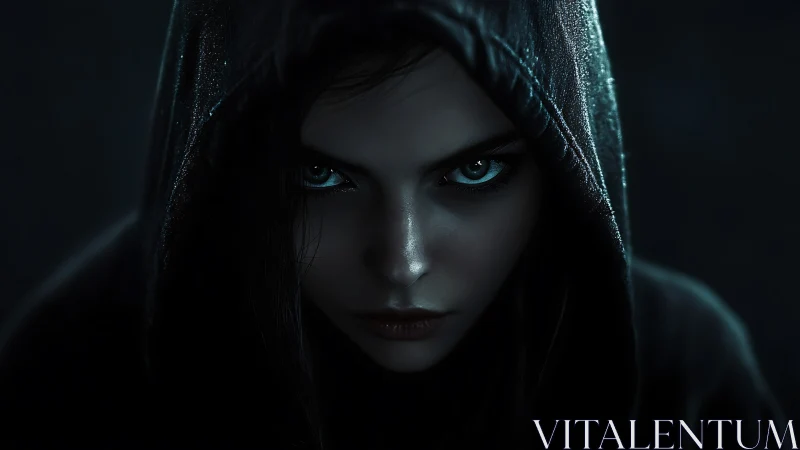 Dark hooded woman with piercing blue eyes in shadowed frame.