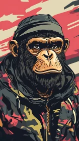 Streetwise chimp commander gazes over a neon-slick horizon