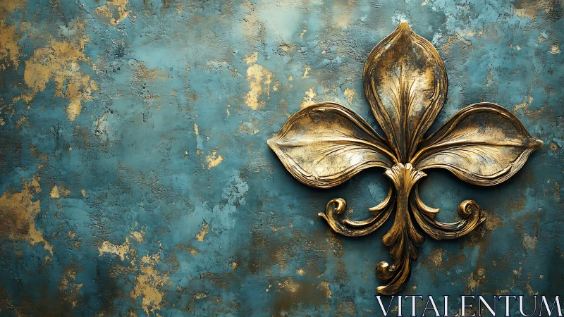 Gold fleur-de-lis emblem on distressed teal textured wall.