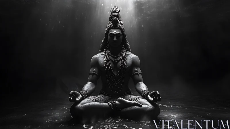 Monochrome meditative deity statue in seated lotus pose.