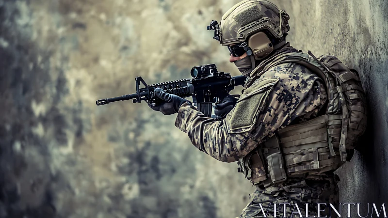 Soldier in tactical gear aiming rifle against concrete wall.