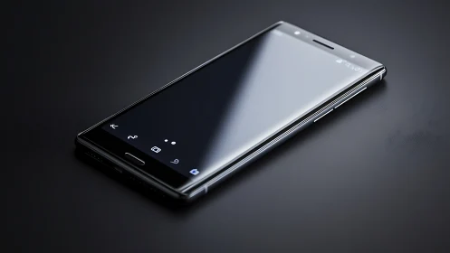 Black smartphone with illuminated display on dark gray surface