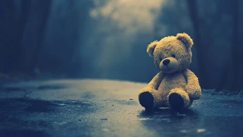 Teddy bear on wet roadway in dim forest setting at dusk.