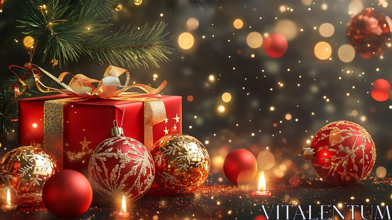 Red Christmas gifts, baubles and candles under tree.