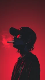 Silhouetted smoker in neon red glow, stylized urban portrait.