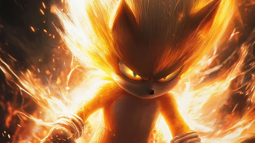 Blazing golden hero surges forward wrapped in fierce flames