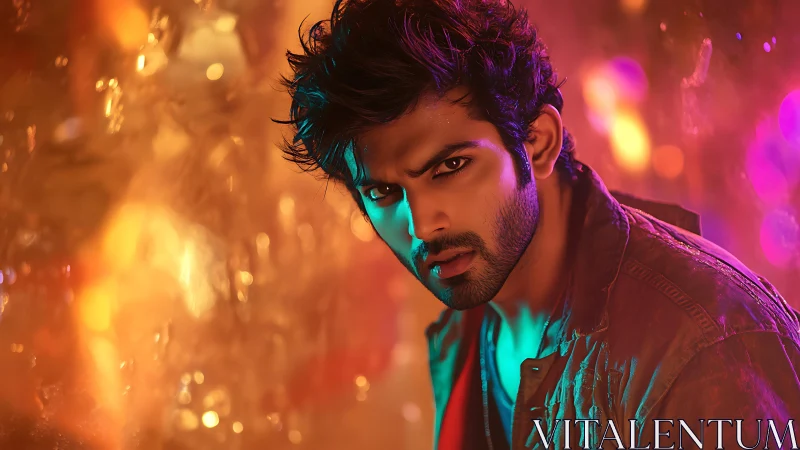 Moody male portrait with colorful neon bokeh background.
