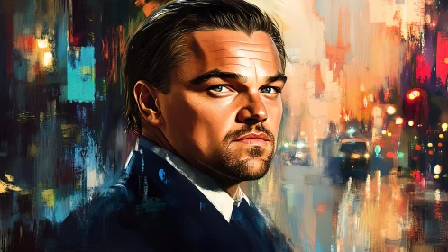 Digital male portrait in suit against abstract neon city bokeh