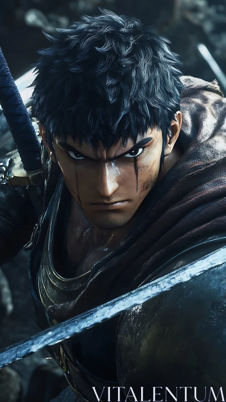 Battle-hardened swordsman in close combat stance.