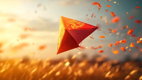 Crimson geometric kite gliding through golden sunset field.