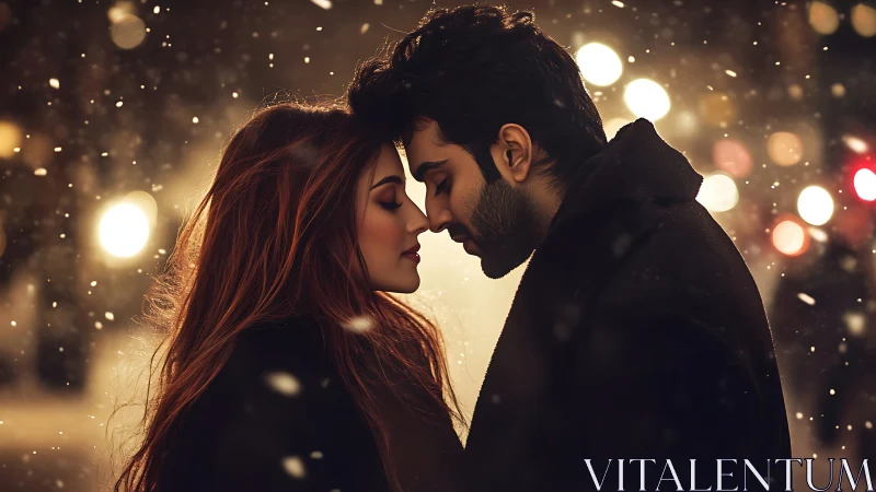 Couple in Winter Setting with Bokeh Lighting