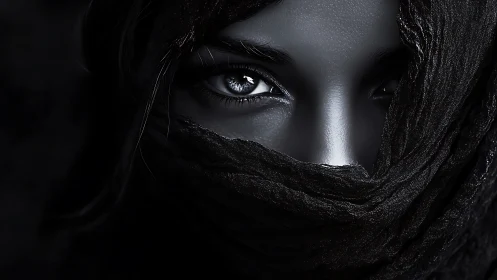 Monochrome close-up frames eyes partially obscured by fabric
