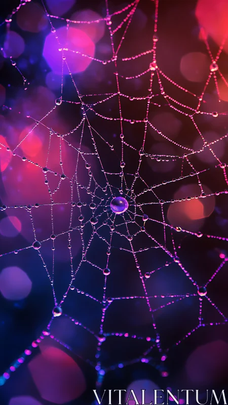 Iridescent cobweb macro with jewel-like dew bokeh glow.