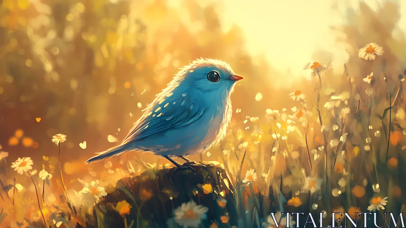 Whimsical blue bird in glowing meadow, digital art illustration.
