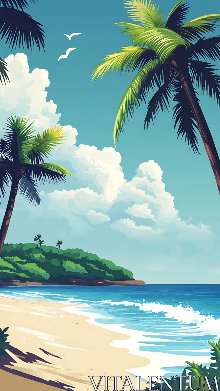 Tropical Beach Scene with Palm Trees and Cumulus Clouds